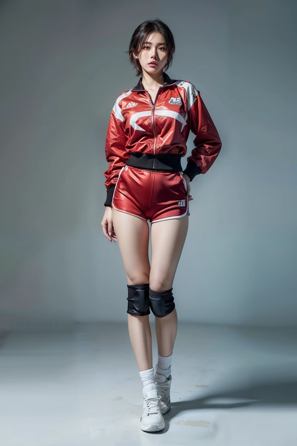 (RAW shooting, Photoreal:1.5, 8k, highest quality, masterpiece, ultra high resolution), perfect dynamic composition:1.2, Fight:1.2, Highly detailed skin and facial textures:1.2, 1girl:1, asian girl:1,Glamourous female with a weapon, beautiful and aesthetic:1.2, sexy beauty, perfect style, belief, Strong-willed, revenge, Fair skin, very beautiful face, (large breast:1.2), (wearing a sexy volley uniform:1.2), (beautiful eyes, Eyes that feel beautiful eros:1.0), (Too erotic:0.9, Bewitching:0.9), (full body photo:2), (perfect limbs:1.2), (perfect fingers:1.2),(tall:2, red jacket, sneakers, short hair, ayuhara natsu,bandage,short shorts,knee pads),(simple background:1),(knees together),(standing:2)