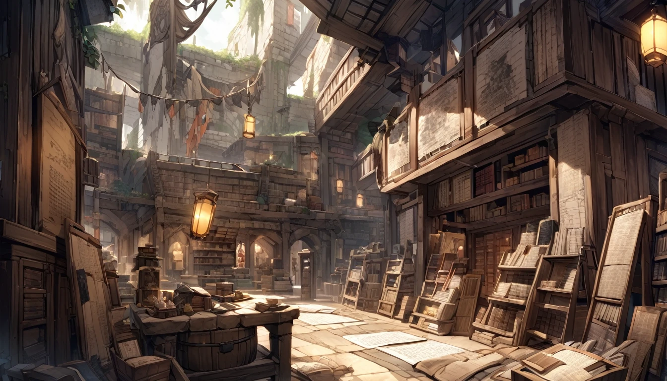 mysterious。White Hair Girl。Detailed Background。At a weapon shop renovated from an ancient ruin、White Hair Girlが歴史的な武器を手に取っているシーン。The atmosphere inside the store, decorated with ancient documents, is appealing。