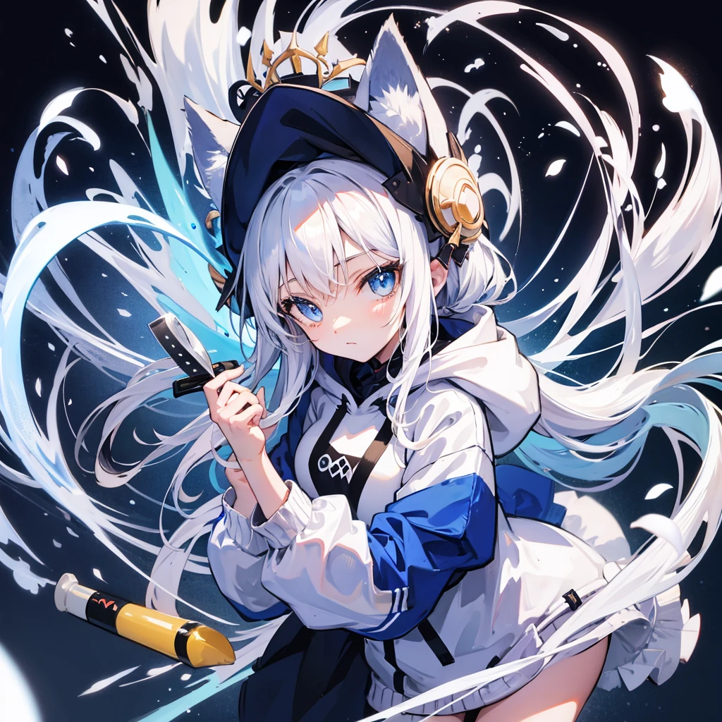 Fox girl,blue eyes,hoodie,long white hair,tail,holding a kitchen knife