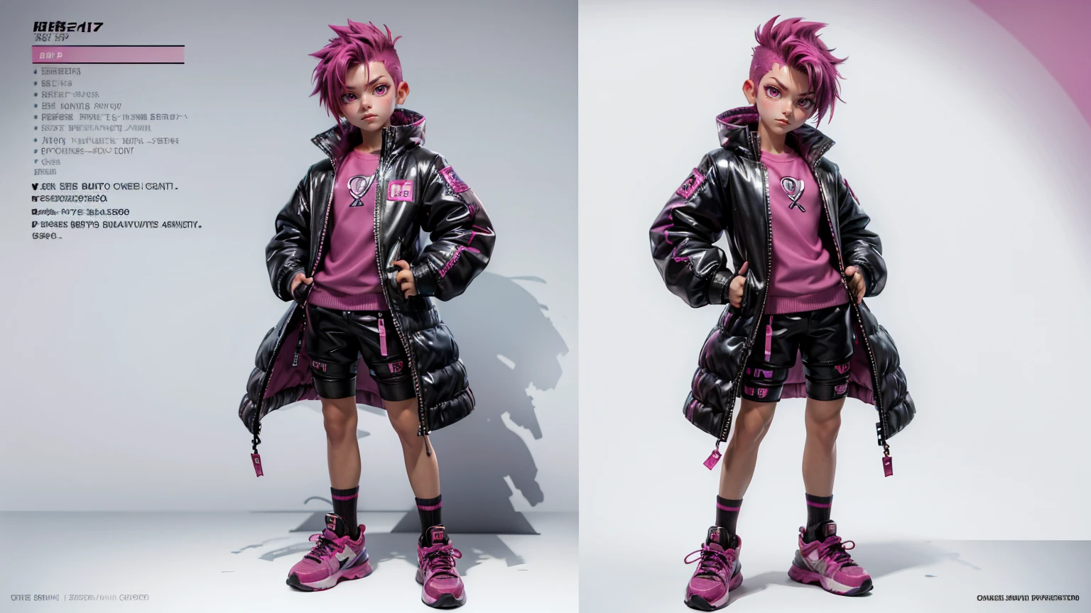 cute face boy, cute face, short height boy, wearing casual futuristic Magenta color pent, Magenta full body dress, full standing pose, Mohawk hairs, Mohawk hair style, sports shoes, Character Sheet, 12 yo student, Full body, Simple white background, front straight pose character reference sheet, Concept art, design sheet