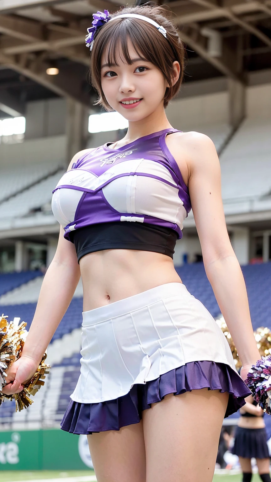 ((metallic Cheerleaders:1.5)), (Mainly black, white and purple. Tight one-shoulder tops:1.5), (Black, purple tight skirt:1.5), (latex:1.4), sun, (toyota stadium:1.4), (from below:1.5), (acrobatic pose:1.5), (cowboy shot:1.3), clear sky, 1girl, (huge breasts:1.6), (light brown short hair:1.6), (pixie cut:1.9), (bangs:1.3), (abs:0.5), (narrow waist:1.8), (skinny:1.5), (collabones:1), (wide forehead:1.3), (fair skin:1.5), (transparent skin:1.5), (towering:1.2), (smile:1.5), (embarrasshed:1.4), (shy:1.5), (open mouth:1.5),  (18 years old:1.5), (8k, RAW photo:1.2),detailed face and eyes,best quality,highly detailed ,intricate detail ,masterpiece ,cute girl ,intricate detail, hyperdetail,sharp focus