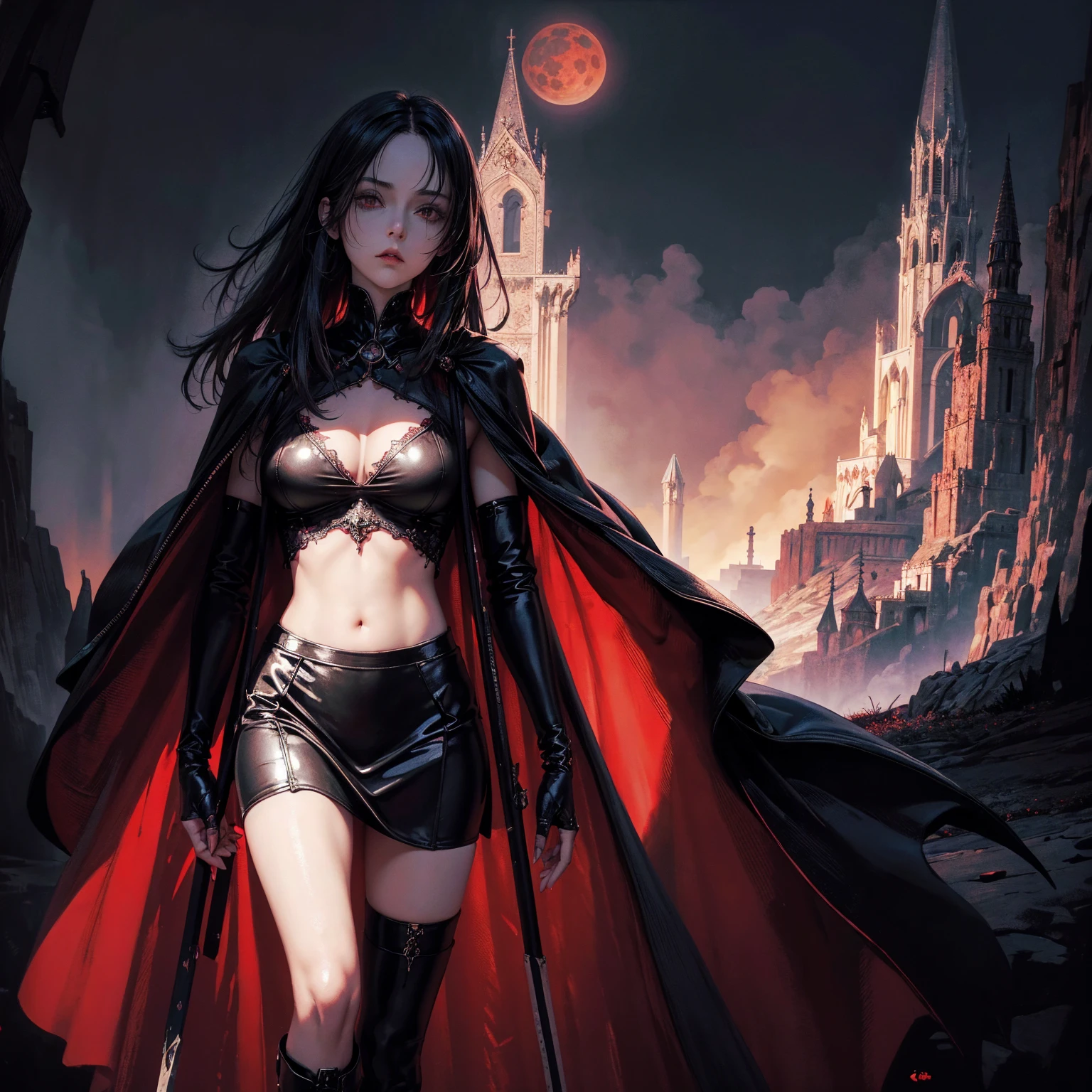best quality, 4K, high resolution, masterpiece:1.2, Very detailed, actual:1.37, Mood lighting, Girl in a long cape, Only wearing a reflective rubber bra and a reflective latex skirt and a pair of knee-high stockings, Exposes the navel，Shows the skin above the chest, Dangerous sneer, Black Hair, Standing, Facing the camera, Crucified, Pitch black sky, Blood-red moon, strange atmosphere, Gothic style, Unforgettable beauty, Dramatic shadows, Ethereal Light, Mysterious atmosphere.