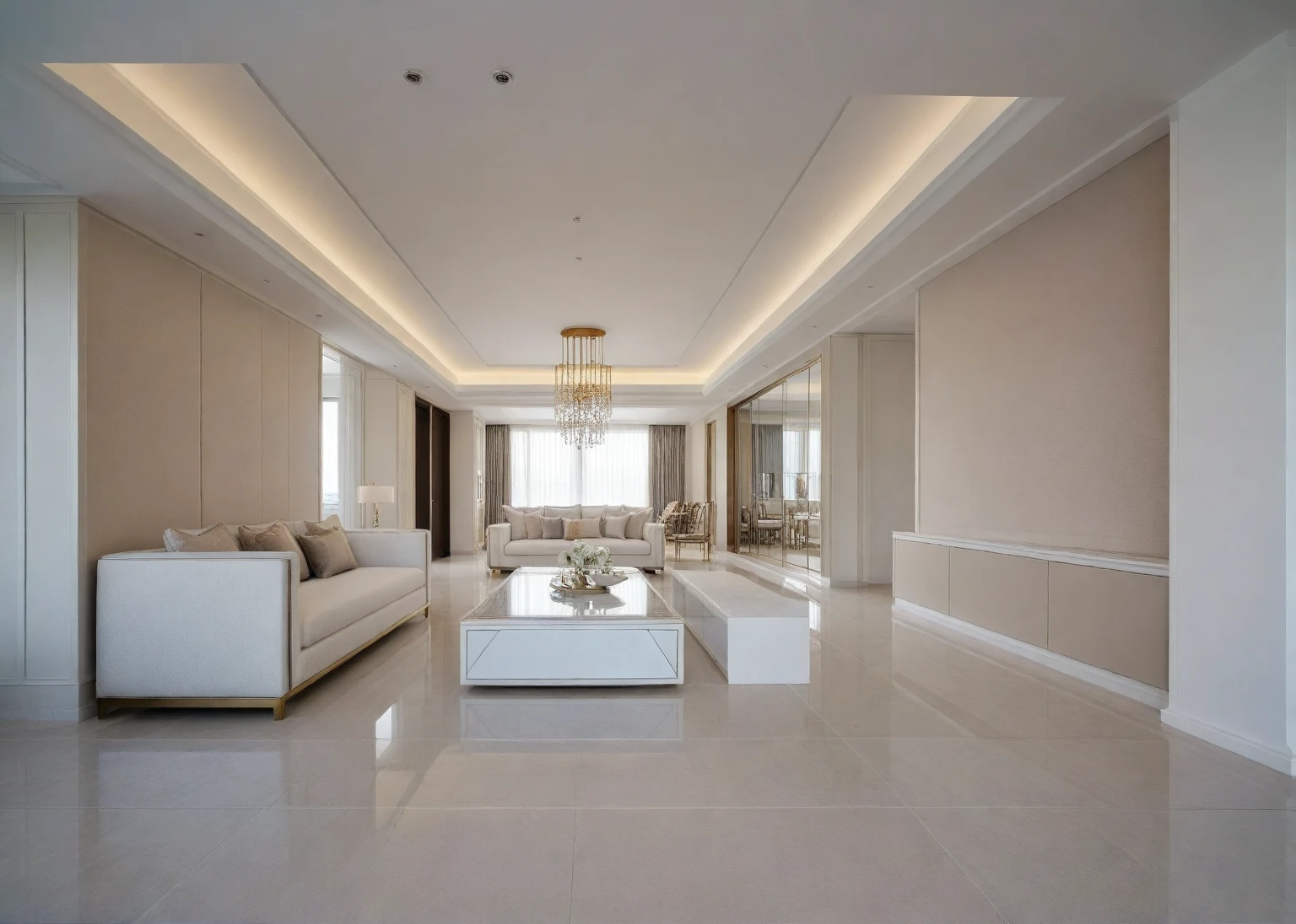,Masterpiece, Best quality,8K, Ultra-high resolution,When you step into the (living: 1.1) ,Immediately surrounded by a rich atmosphere of luxury. The space  was covered with a soft white fluffy blanket,It is so comfortable,So much so that you can't help but indulge in it。Embellished with precious porcelain and white-off gold ornaments。Whenever it is late afternoon,The afterglow from the window spilled on the floor,Soft light and shadow are reflected,It was as if entering a dreamland. ((Wooden chair and table : 1.3)), ((COLUMN MIRROR : 1.3))