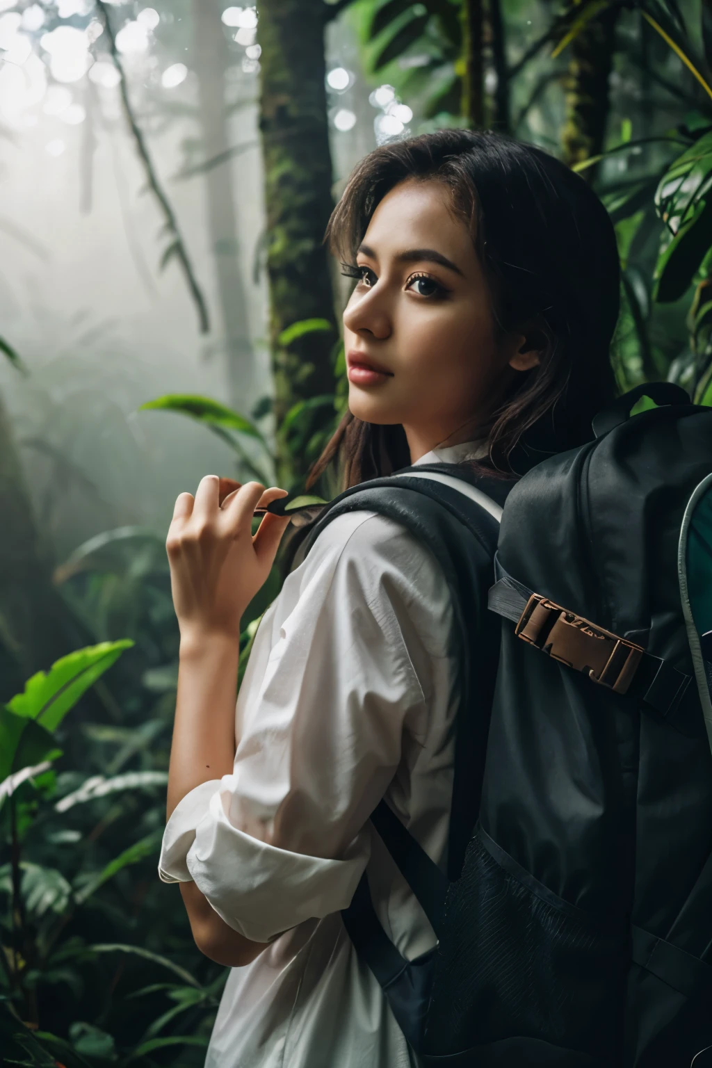 a woman with a backpack walking through a lush, dense rainforest, beautiful detailed eyes, beautiful detailed lips, extremely detailed face and eyes, long eyelashes, adventurous expression, detailed clothing, realistic lighting, volumetric fog, dramatic moody lighting, vibrant colors, stunning 4k, highly detailed, photorealistic, masterpiece