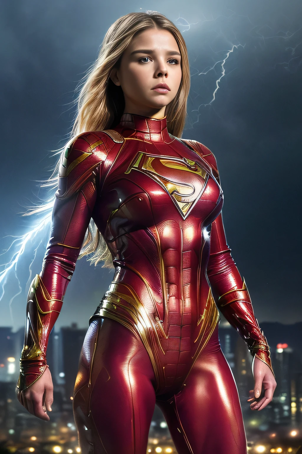 (best quality,10k,High Resolution,​masterpiece:1.2), ((ultra-detailed)), ((photorealestic:1.37)), ((best quality)), ((​masterpiece)), ((photorealestic)), (detailed), (Not suitable for work), ((25-year-old Chloe Grace Moretz)), ((sexy tight supergirl costume, that shows her bare hips and legs)), ((Full body)), ((standing on a roof during a thunderstorm, ((precisely drawn hands and feet)), ((super shiny, high gloss, sweaty skin)), ((precisely drawn anatomy)), view from front, close up shot, ((stand in a dynamic superhero action pose)),
