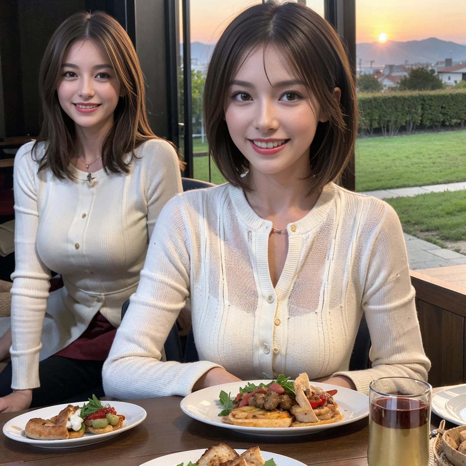 (Realistic:1.1),(masterpiece,Highest quality),8k,(45 years old), 42 years old, slimカップル、Model Couple、actress/actor、Tight waist,Upper Body,full-course dinner、wine 、Amazing view of the sunset sky and clouds、Perfect Anatomy, Brown Hair, short hair,Random Hairstyles,((Highly detailed face and eyes:1.2))(cute顔:1.4),美しいactressの顔,Perfect golden ratio face,Long sleeve shirt、dress,(smile:1.2)、Shortcuts、cute、(Realistic, Intricate details:1.2), A bright smile、short hair,Bright Face、赤wine 、Appetizers、Italian food、wine bottle、Champagne、スパークリングwine、(slimな顔), (The body is slim), (Brown Hair), (Shortcuts), Upper Body, 白wine, slim, wineグラス,