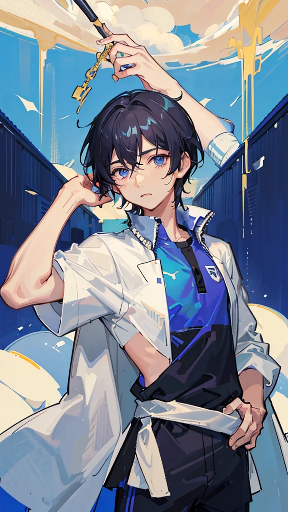 (Highest quality)), ((masterpiece)), (detailed),The background is the ground、A towel is wrapped around his neck、Soccer Coach、A man around 35 years old、A man with waist-length black hair tied back、Wearing a blue uniform、Eye color is a calm blue、Location: Soccer field。
