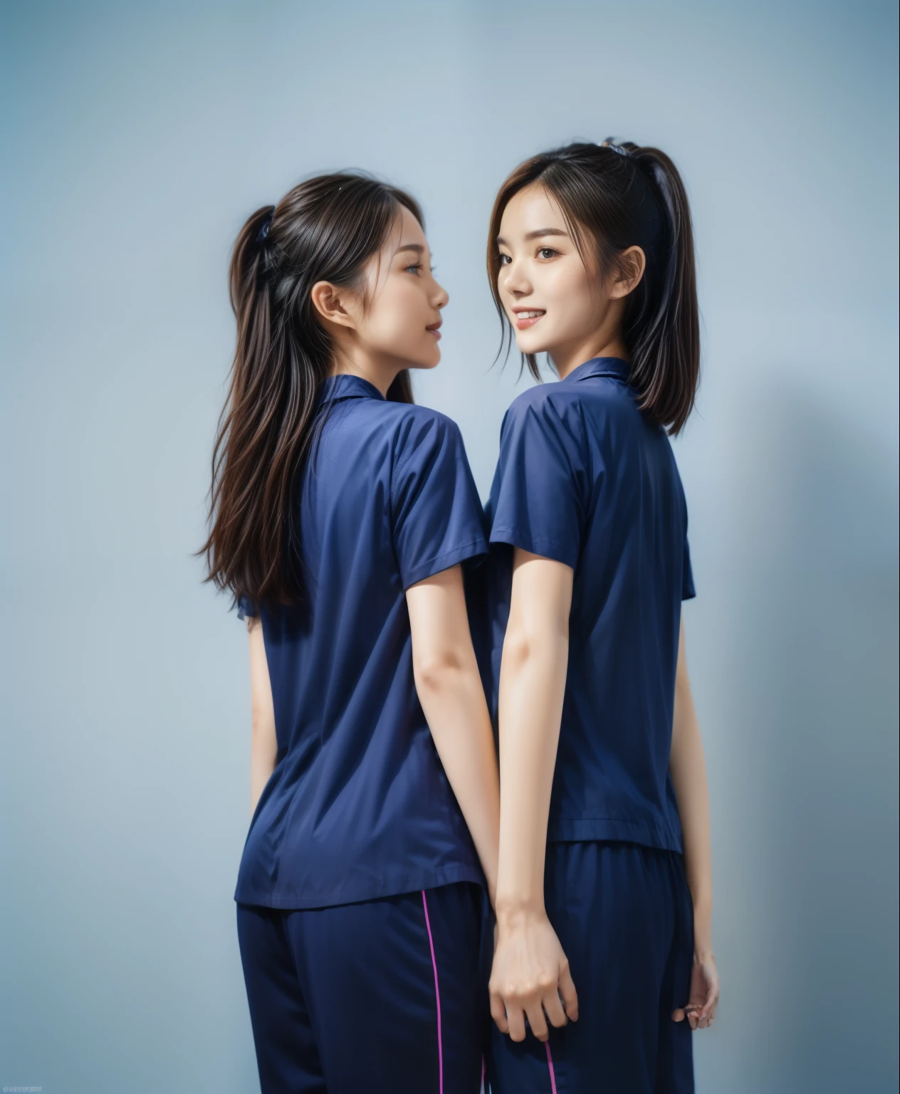(best quality,10,10,height,Masterpiece:1.2),Special details,(realistic,ภาพrealistic,Realistic photos:1.37),1 Cute girl in the kitchen,shiny, ผิวshiny,only,smile softly,BDclothelue shirt:1.3)),short sleeve,shirt, กางเกงขาlong.,(navy_long_track pants:1.1), ((Kitchen Background)),Dynamic angle,excited,Face focus,dynamic poses,from behind,focus on ass,Masterpiece, best quality, ultra realistic, hyper detail, 8k resolution, raw photos, Sharp focus, ((Navy blue shirt:1.1)), short sleeve, เส้นทางlong, perfect body, 2 mature women, 18 years old, Cinema-grade lighting system,blue sweatpants,shirtผ้าออกกำลังกาย,correct anatomy,perfect body, correct body, Sharp face, correct bodyทางกายวิภาค, full body, realistic gestures, long-haired, realistic poses,Wear long shorts...........................,ช่วงขาlong,Good shape,carved girl, Slender figure, model, Good shape, beautiful body,blue sweatpants, two girls kissing