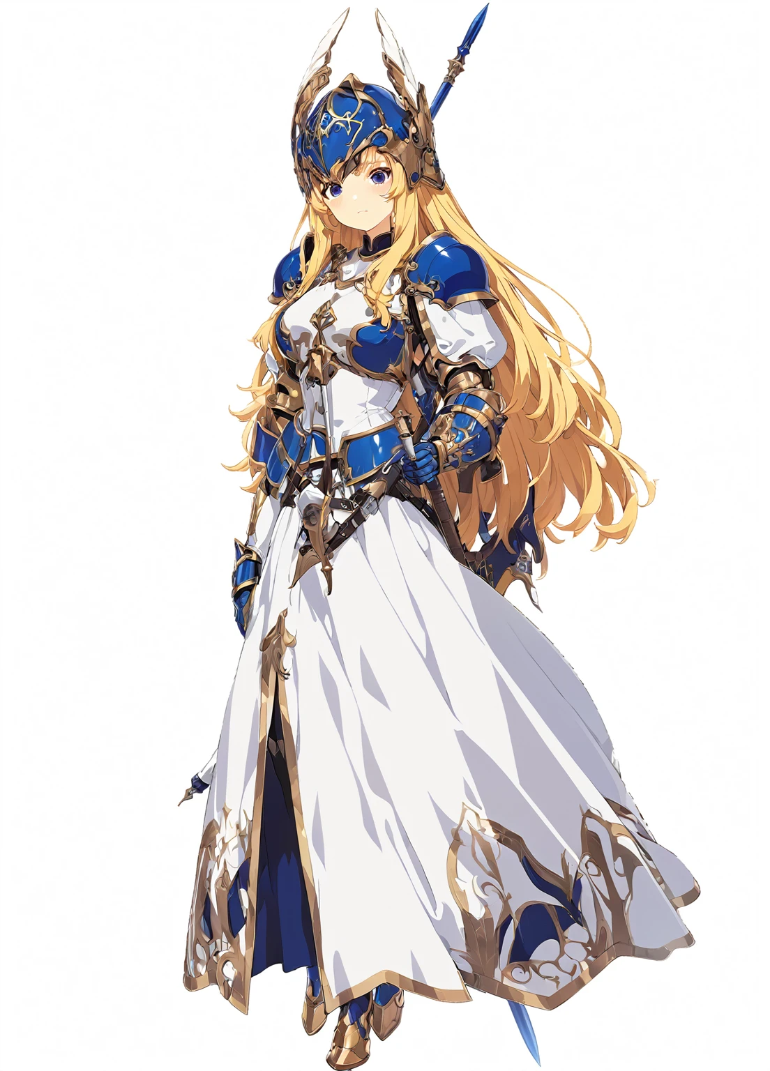 high quality, high resolution, high qualityのゲームアートスタイル, whole body,valkyrie,perfect hand,Official Art, Smooth game CG art, Visual Novel Sprites, White background,Smooth game CG art, (((Woman with a gun))),Woman wearing a white dress and blue armor, An intricately designed helmet with white feathers,Small shield, (((In his right hand he holds an elaborate spear))),Exquisite Blue Armor,Golden Hair, long hair, female knight, Rin々Shii,Large Bust,20-year-old,