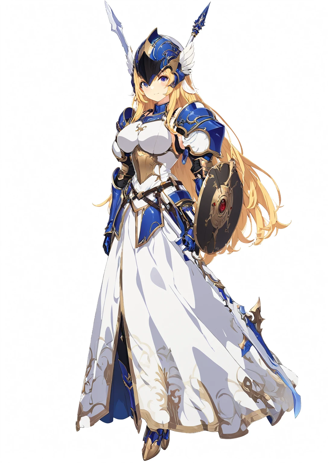 high quality, high resolution, high qualityのゲームアートスタイル, whole body,valkyrie,perfect hand,Official Art, Smooth game CG art, Visual Novel Sprites, White background,Smooth game CG art, (((Woman with a gun))),Woman wearing a white dress and blue armor, An intricately designed helmet with white feathers,Small shield, (((In his right hand he holds an elaborate spear))),Exquisite Blue Armor,Golden Hair, long hair, female knight, Rin々Shii,Large Bust,20-year-old,