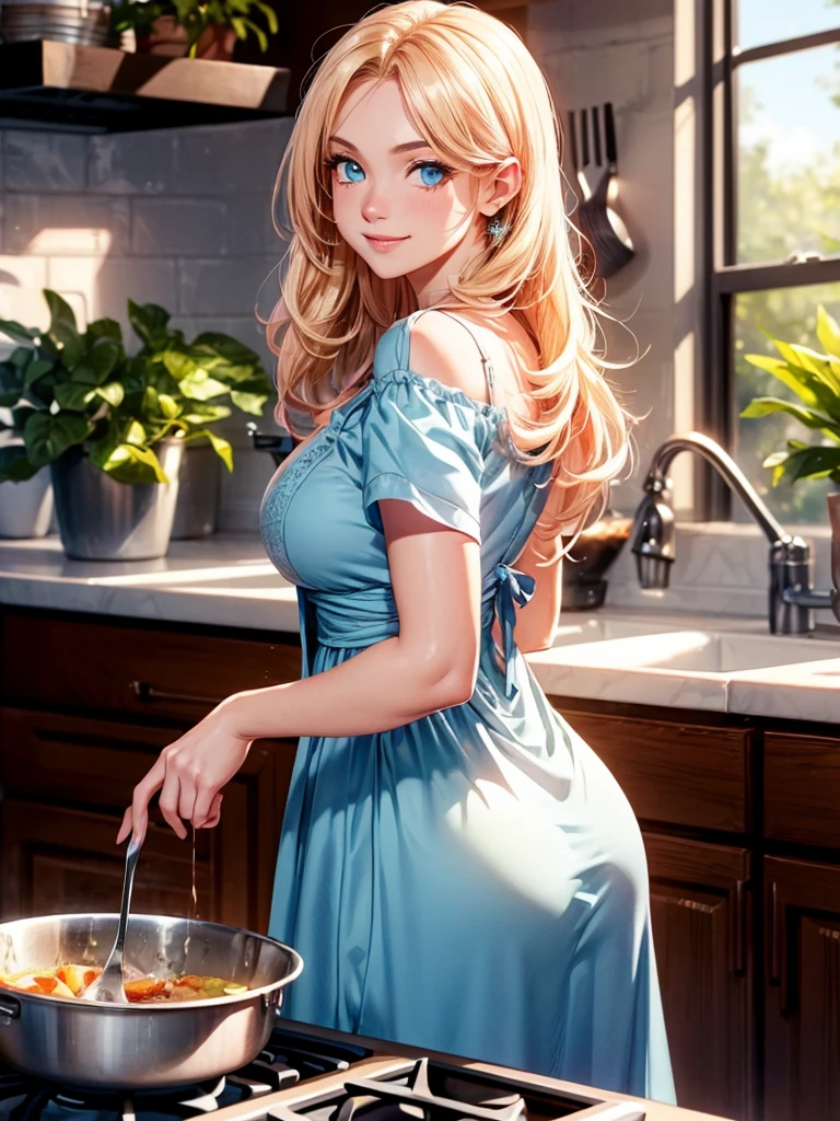 Delicate and beautiful CG art),(highest quality, Very detailed, High resolution),(Dynamic Angle, Dynamic Lighting),(One character),(Long pink and blonde hair), blue eyes, Beautiful Face), 1 girl, (Long sideburns, plant, smile, long blue dress, kitchen, cooking, food
 sultry look, seductive,
