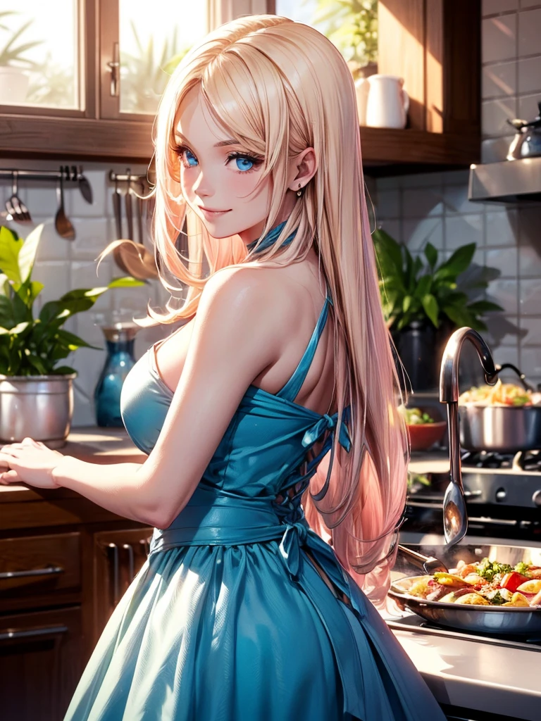Delicate and beautiful CG art),(highest quality, Very detailed, High resolution),(Dynamic Angle, Dynamic Lighting),(One character),(Long pink and blonde hair), blue eyes, Beautiful Face), 1 girl, (Long sideburns, plant, smile, long blue dress, kitchen, cooking, food
sultry look, seductive,