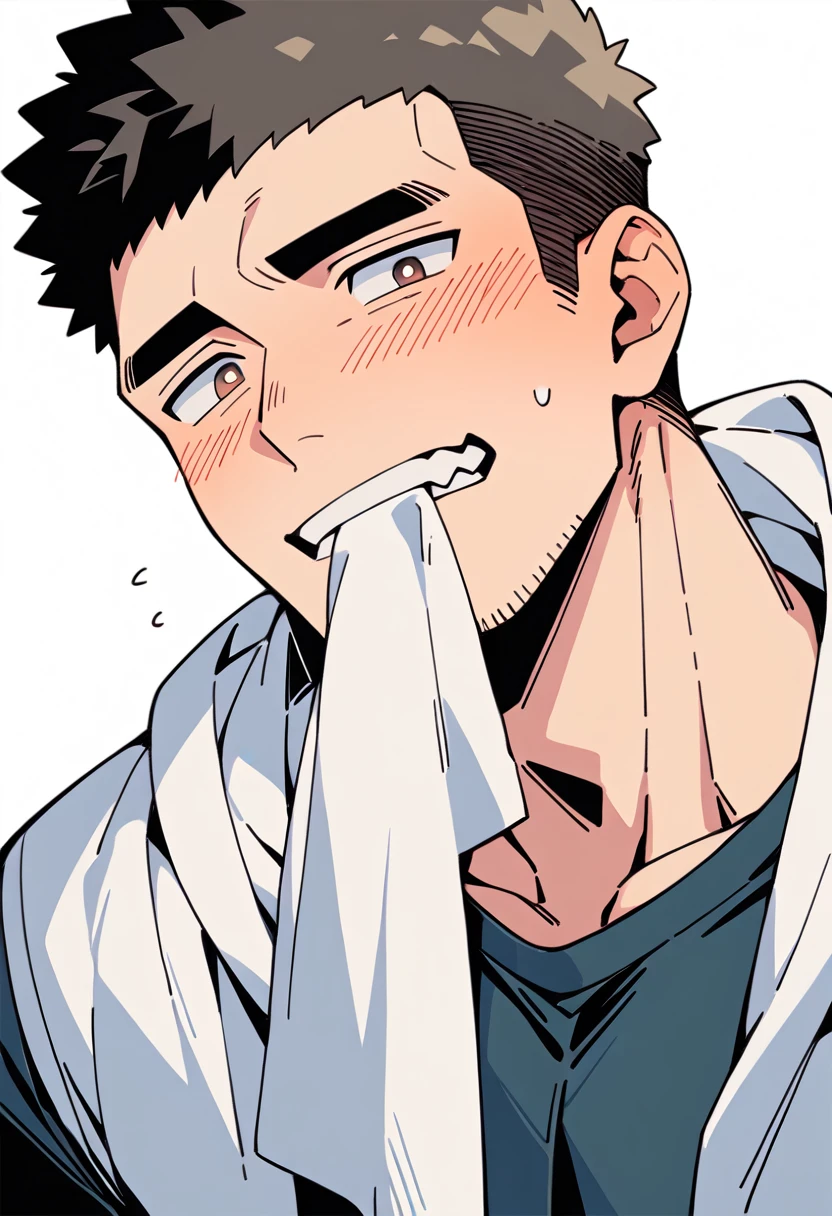 anime characters:Muscle monk, Muscle Sports Student, Manliness, male focus, Sports tight hooded sweatshirt, Very tight, full and perky chest muscles, muscular male, muscular, only, Upper body, alone, Black short hair, Thick eyebrows, stubble, Brown-red pupils, White background, simple background, amazing quality, best aesthetics, Ridiculous, crew cut, blush, mouth hold, Mouth biting a white towel, embarrassed, shy, endured face, negative space, best quality
