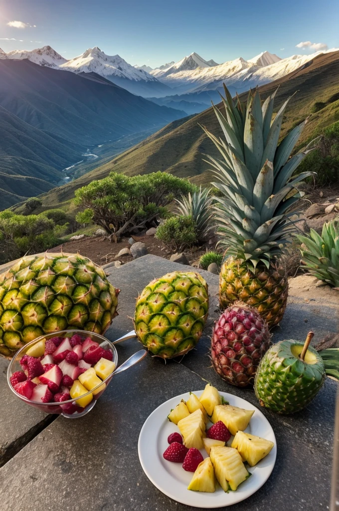 I WANT A REALISTIC PHOTOGRAPH where you can see the Andes mountains at sunset with a reference to Pachamama and also where you can find fruits like pineapple., aguaymanto, prickly pear and lucuma in the foreground. Cocktail Glass: An elegant cocktail glass, placed in a natural Andean environment, with elements like leaves and fruits around. these fruits are mainly pineapple, aguaymanto, prickly pear and lucuma and more quality and much more realistic the Andes. You can see the Pachamama