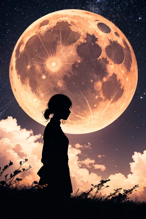 Highest quality,Big moon and shadow,A silhouette of a person can be seen against the backdrop of a large moon.,There is one full moon,There is a mood,Beautiful scenery,Starry Sky