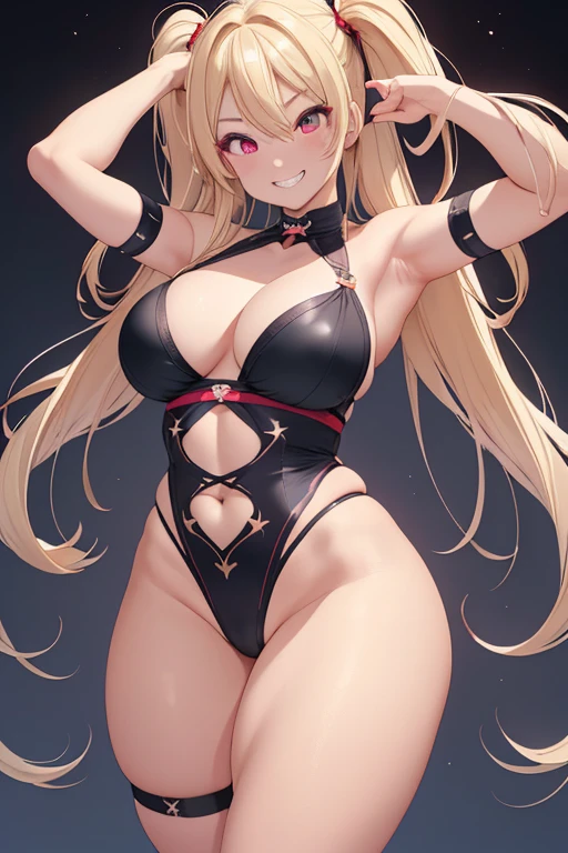 Realistic、masterpiece, 1house wife、blonde hair、twin tail, red eyes, (eye focus:1.3,face focus),(Gradient eyes:1.3),(sexy panties)、open mouth,(grin:1.3),forehead,cute face、((Thick thighs、Beautiful thighs)), A condescending gaze on the viewer,((Raise your arms, Expose your armpits)), Wrestler