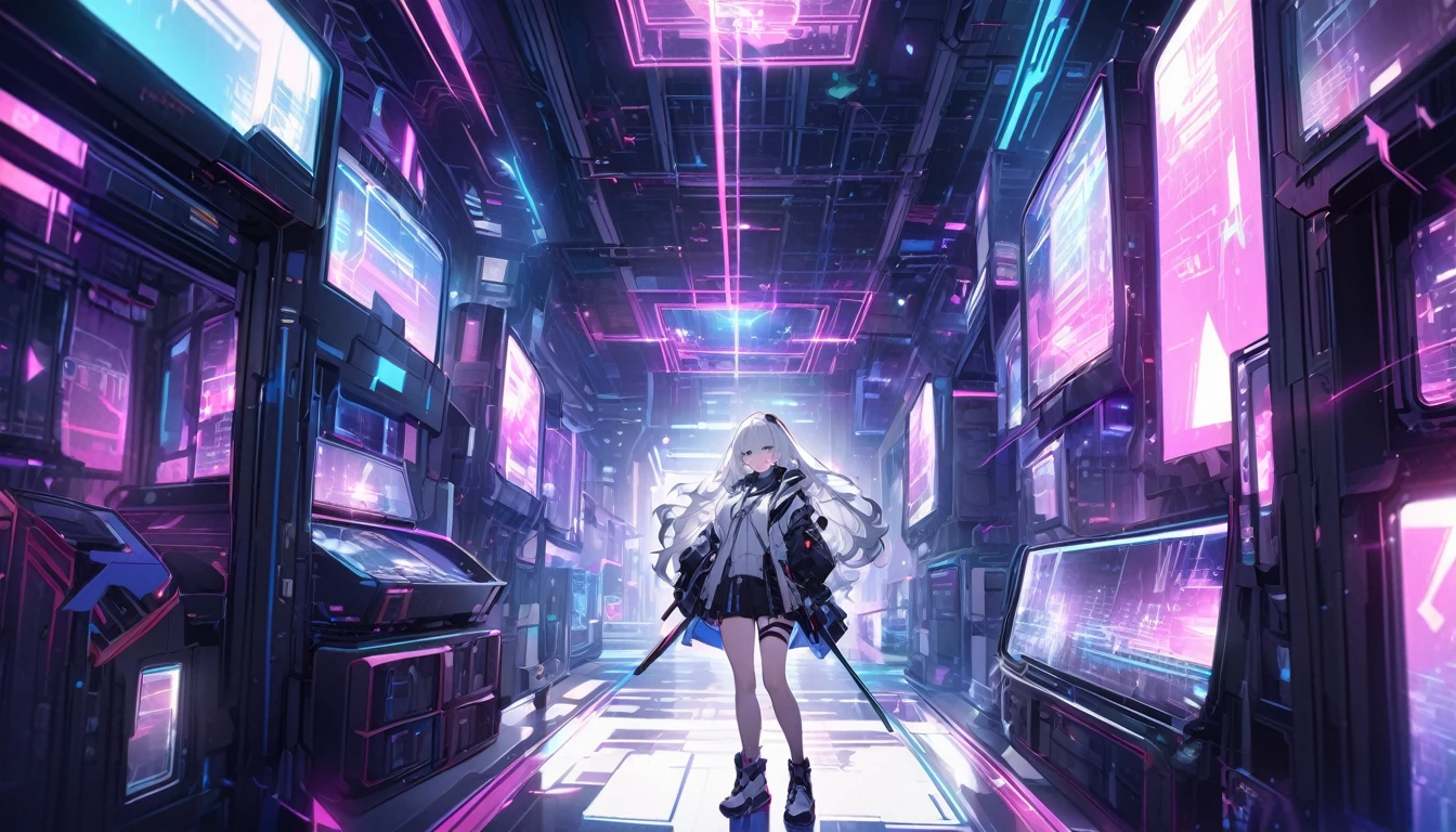 (((hyper detail)))、Frozen Preserved Girl、makina、cyborgs、The world in 10,000 years、a beauty girl、Full of cables、Blood droplets、Large number of monitor screens、Frozen capsules、细致背景、Big light、Breathing、Danger of life、art by、Dynamic composition