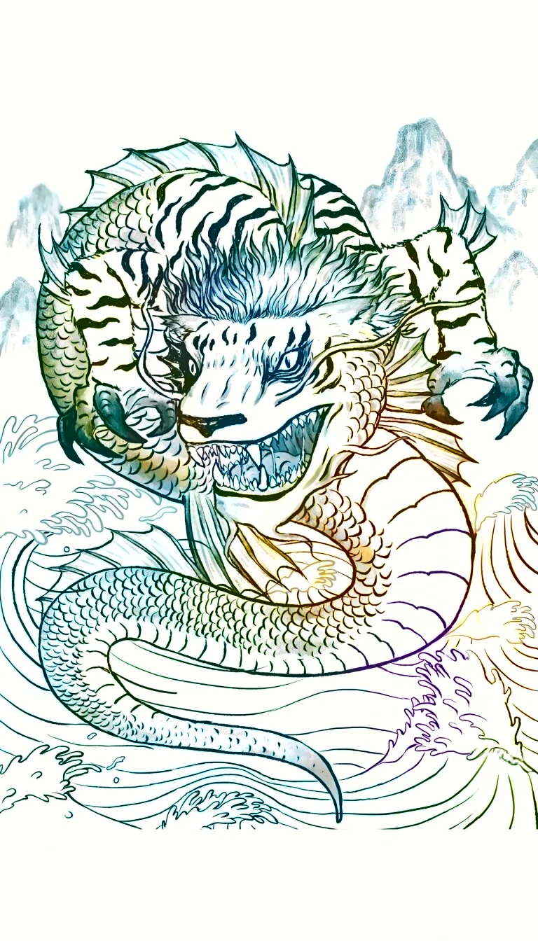 水中的一种Fantasy Creatures，The tiger&#39;s head matches the dragon&#39;s body(best quality，4K，8k，High level，masterpiece：1.2），Ultra Detailed，（lifelike，Photo real，Photo real：1.37），Highly detailed animals，Complex patterns，Realistic lighting，Fantasy Creatures