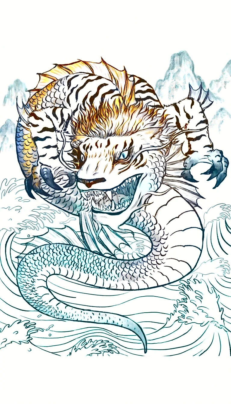 水中的一种Fantasy Creatures,The tiger's head matches the dragon's body(best quality,4K,8k,High level,masterpiece:1.2),Ultra Detailed,(lifelike,Photo real,Photo real:1.37),Highly detailed animals,Complex patterns,Realistic lighting,Fantasy Creatures
