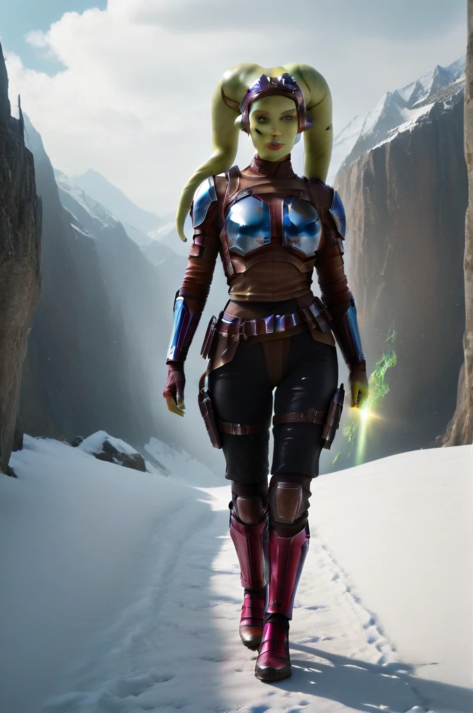 a ((fall body)) (((hera syndulla))) ((green skin )) ((female twi'lek ))mandalorian,walking on snow, ((green fire hand)) , beautiful detailed eyes, beautiful detailed lips, extremely detailed face, long eyelashes, mandalorian armor, sci-fi, cinematic lighting, dramatic, epic, intricate details, hyper-realistic, 8k, high-quality, photorealistic
