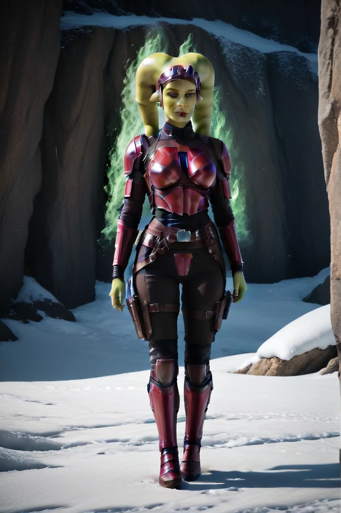 a ((fall body)) (((hera syndulla))) ((green skin )) ((female twi'lek ))mandalorian,walking on snow, ((green fire hand)) , beautiful detailed eyes, beautiful detailed lips, extremely detailed face, long eyelashes, mandalorian armor, sci-fi, cinematic lighting, dramatic, epic, intricate details, hyper-realistic, 8k, high-quality, photorealistic
