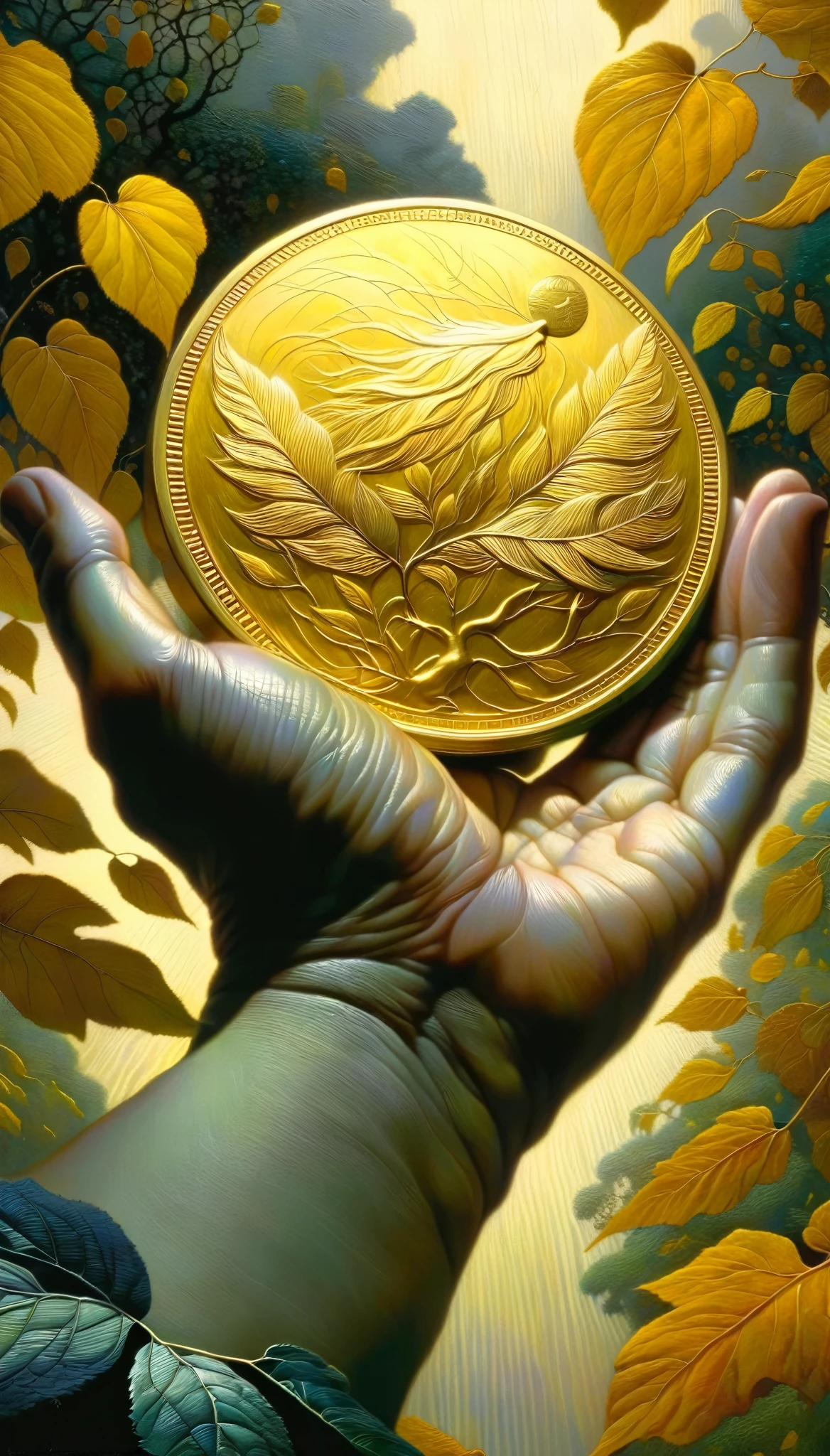 Over a leafy garden, a hand emerges from a cloud carrying a giant gold coin.(art inspired by Dave Mckean, intricate details, oil painting)