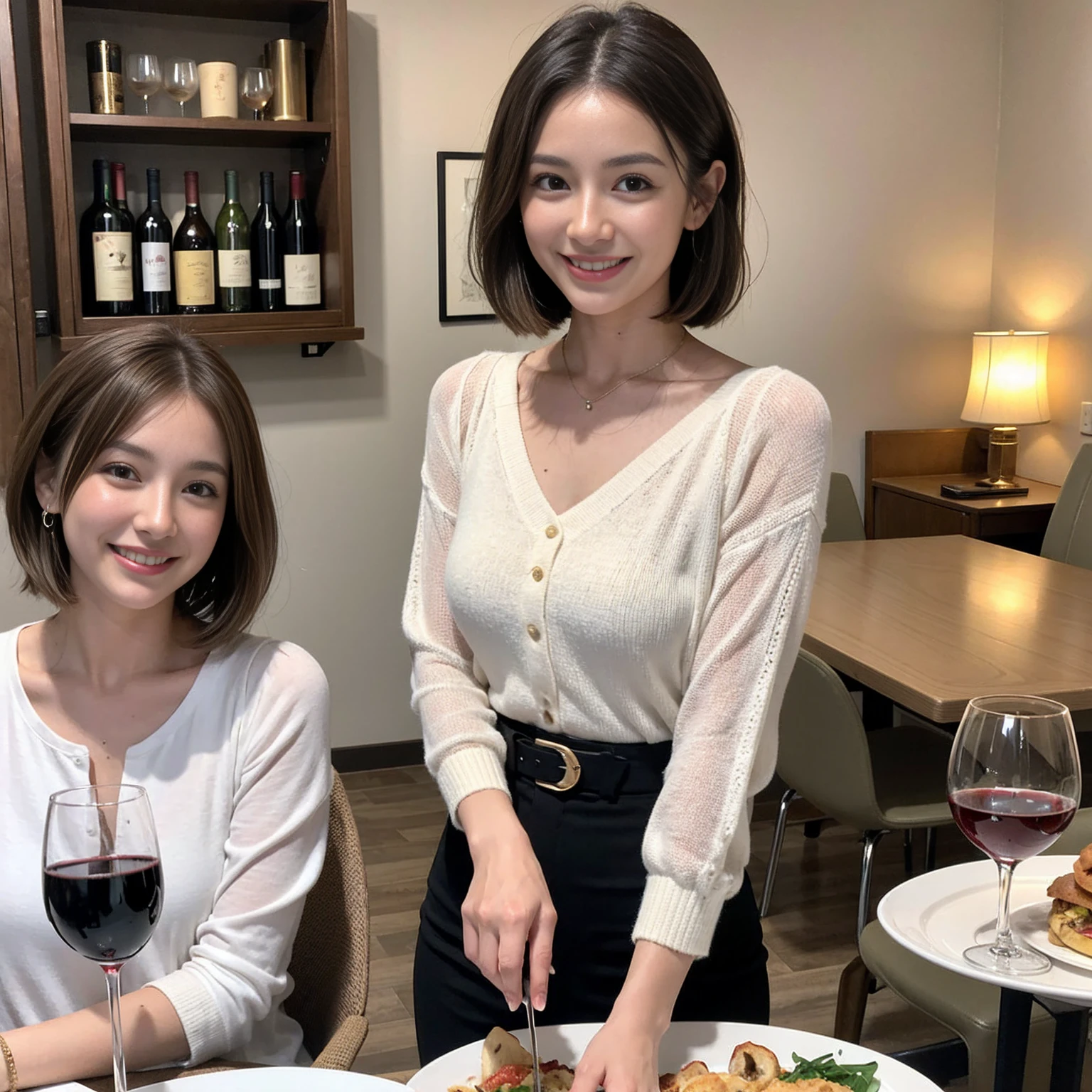(Realistic:1.1),(masterpiece,Highest quality),8k,(40 years old), 42 years old, slimカップル、Model Couple、actress/actor、Tight waist,Upper Body,full-course dinner、wine 、Amazing view of the sunset sky and clouds、Perfect Anatomy, Brown Hair, short hair,Random Hairstyles,((Highly detailed face and eyes:1.2))(cute顔:1.4),美しいactressの顔,Perfect golden ratio face,Long sleeve shirt、dress,(smile:1.2)、Shortcuts、cute、(Realistic, Intricate details:1.2), A bright smile、short hair,Bright Face、赤wine 、Appetizers、Italian food、wine bottle、Champagne、スパークリングwine、(slimな顔), (The body is slim), (Brown Hair), (Shortcuts), Upper Body, 白wine, slim, wineグラス,