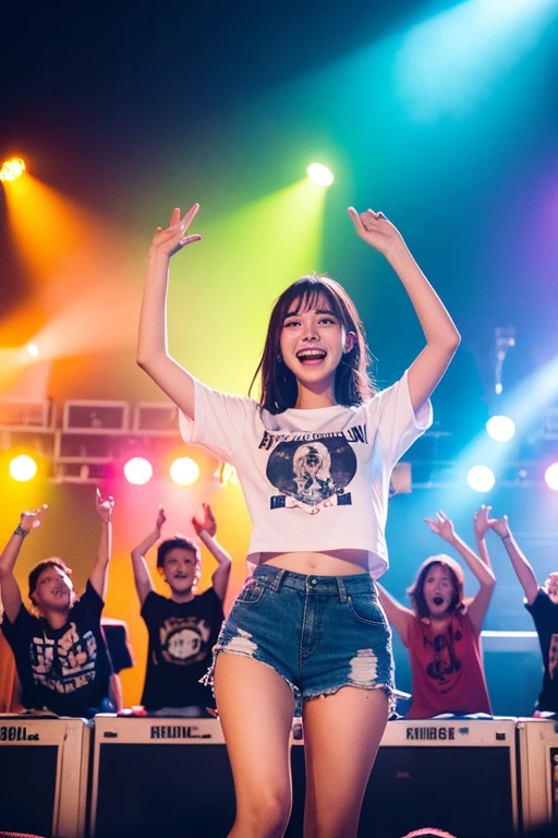 a group of young people at a lively summer music festival, 4girls,2boys, wearing casual t-shirts and shorts, exposed skin, sweating, excited expressions, hands raised, loud atmosphere, colorful stage lights, vibrant colors, photorealistic, cinematic lighting, dynamic composition, hyper detailed, 8k, best quality