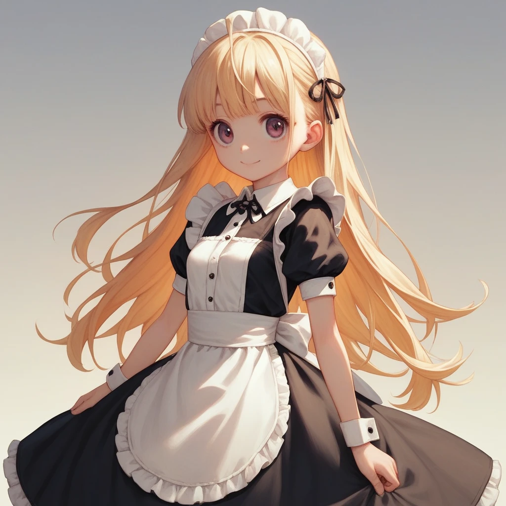 18 year old beautiful girl, big eyes, small breasts,  and slender, 8k, top quality, (very detailed head: 1.0), (very detailed face: 1.0), (very detailed hair: 1.0), Maid Clothes, Highly detailed official artwork, Anime moe art style, Clean, detailed anime art, smile, golden hair, straight long hair