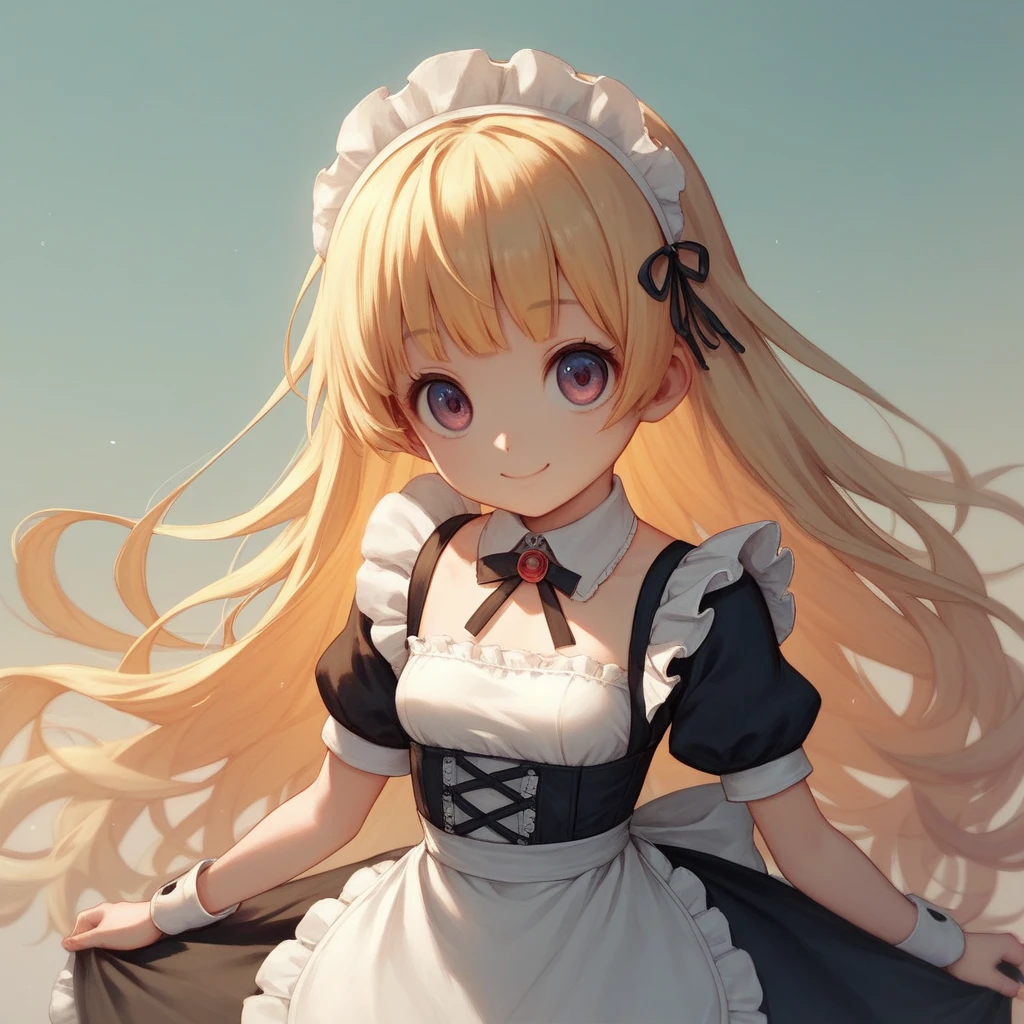 18 year old beautiful girl, big eyes, small breasts,  and slender, 8k, top quality, (very detailed head: 1.0), (very detailed face: 1.0), (very detailed hair: 1.0), Maid Clothes, Highly detailed official artwork, Anime moe art style, Clean, detailed anime art, smile, golden hair, straight long hair