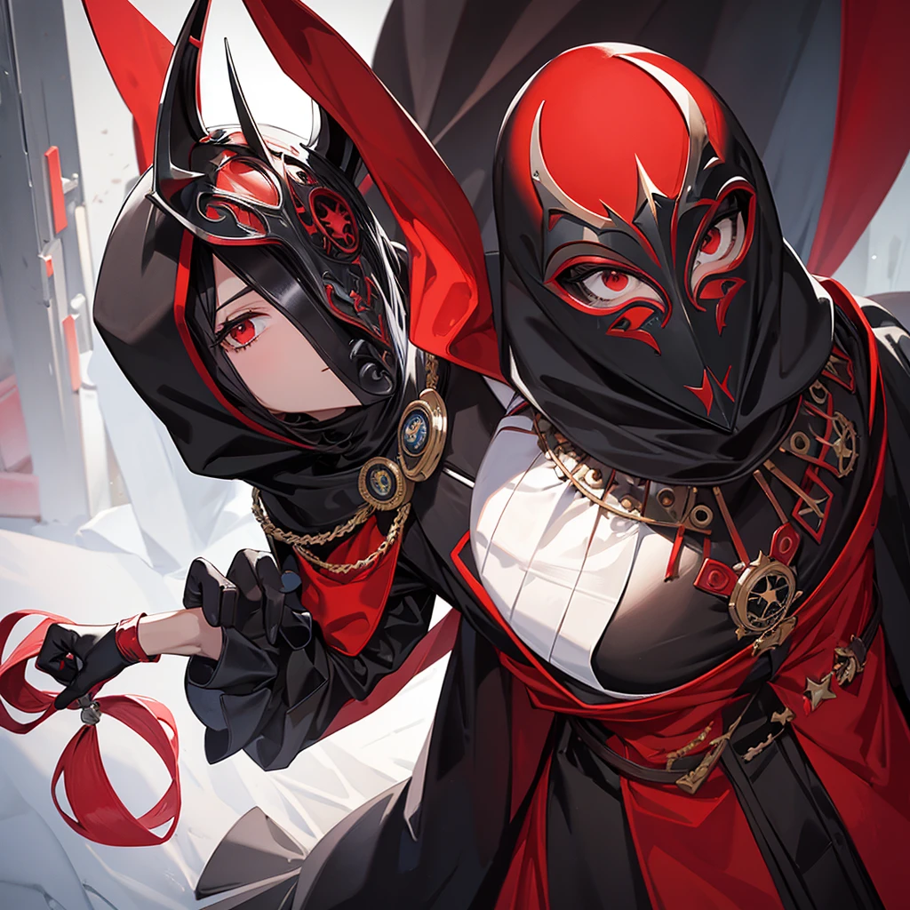 mascarado,red e black mask,Black hood and black clothes, black gloves,