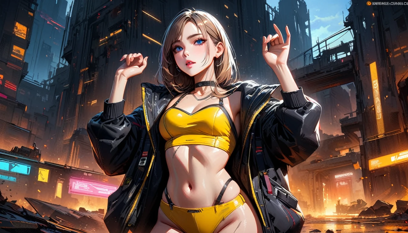Cindy Aurum Final Fantasy, full body leaning side position , beautiful open legs, open jacket without buttons , Topless, beautiful medium breasts showing , sexy e semi nua, ripped mini skirt , sensual smile of pleasure , hands touching , long hair, surreal, 4K