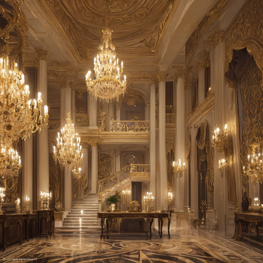 fantasy architectural interior, high-end luxury fashion showroom, elegant ornate room, chandelier, detailed textures, intricate patterns, opulent decor, dramatic lighting, sophisticated style, vintage aristocratic aesthetic, ornate furniture, plush fabrics, fine details, grand staircase, marble columns, arched windows, gilded accents, (best quality,4k,8k,highres,masterpiece:1.2),ultra-detailed,(realistic,photorealistic,photo-realistic:1.37),dramatic lighting,cinematic composition,chiaroscuro,rich color palette,dramatic shadows,elegant aristocratic