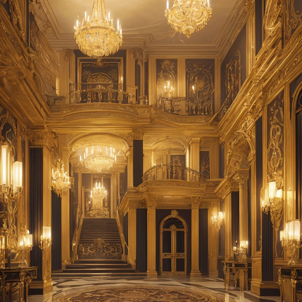 fantasy architectural interior, high-end luxury fashion showroom, elegant ornate room, chandelier, detailed textures, intricate patterns, opulent decor, dramatic lighting, sophisticated style, vintage aristocratic aesthetic, ornate furniture, plush fabrics, fine details, grand staircase, marble columns, arched windows, gilded accents, (best quality,4k,8k,highres,masterpiece:1.2),ultra-detailed,(realistic,photorealistic,photo-realistic:1.37),dramatic lighting,cinematic composition,chiaroscuro,rich color palette,dramatic shadows,elegant aristocratic