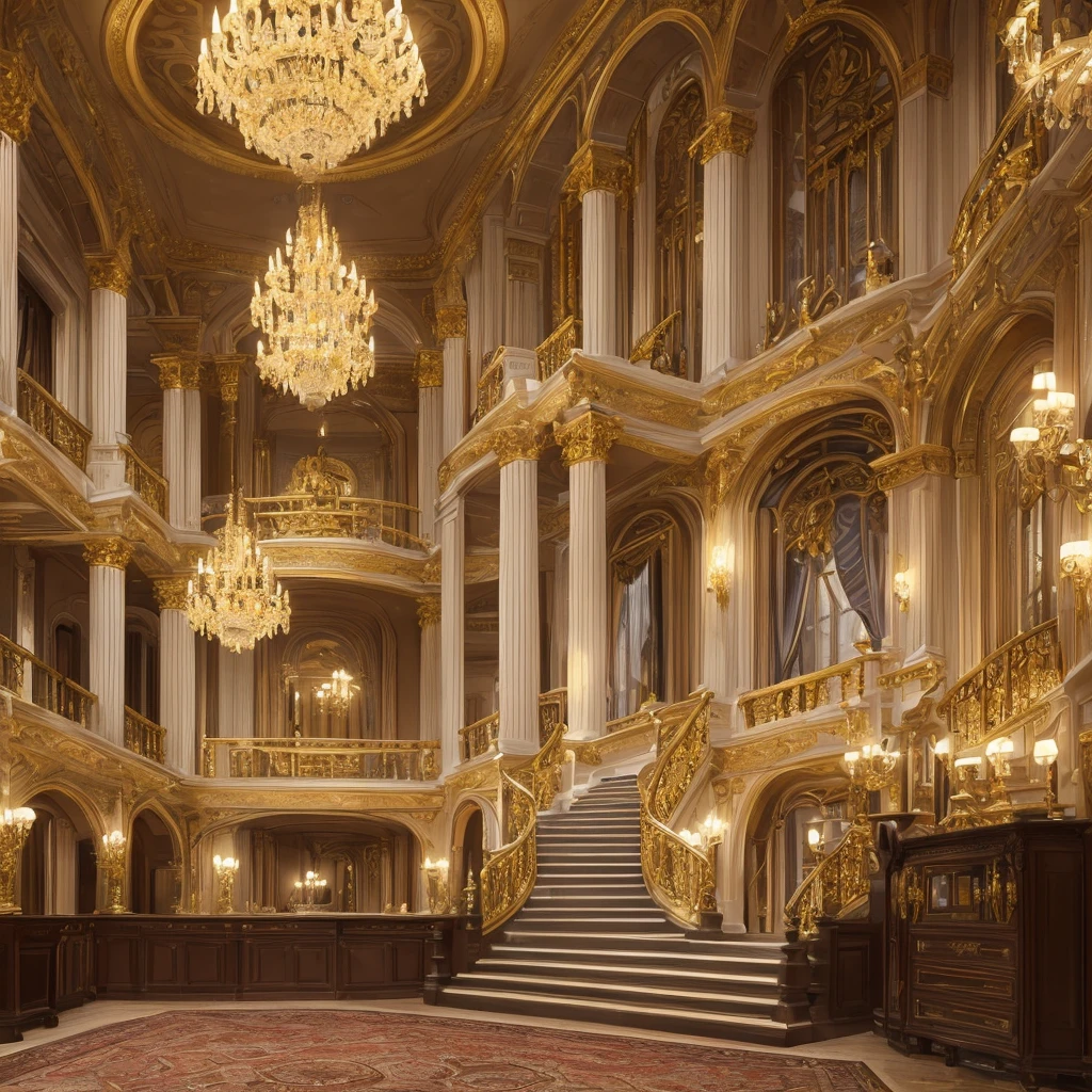 fantasy architectural interior, high-end luxury fashion showroom, elegant ornate room, chandelier, detailed textures, intricate patterns, opulent decor, dramatic lighting, sophisticated style, vintage aristocratic aesthetic, ornate furniture, plush fabrics, fine details, grand staircase, marble columns, arched windows, gilded accents, (best quality,4k,8k,highres,masterpiece:1.2),ultra-detailed,(realistic,photorealistic,photo-realistic:1.37),dramatic lighting,cinematic composition,chiaroscuro,rich color palette,dramatic shadows,elegant aristocratic