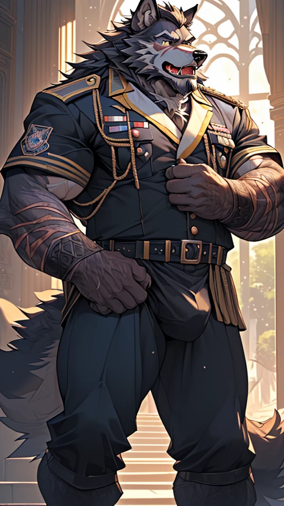(masterpiece),(highres),(intricate details:1.4),extremely detailed,(illustration:1.2),8k,photorealistic,exquisite,(daddy:1.5),aged,(elder male wolf:1.7),muscular,(brave and powerful:1.5),manhood,warrior,long hair,long beard,(numerous scars),(bulging crotch:1.8),(homosexual:1.5),(roaring:1.5),(a uniform that fits snugly against the body:1.6)