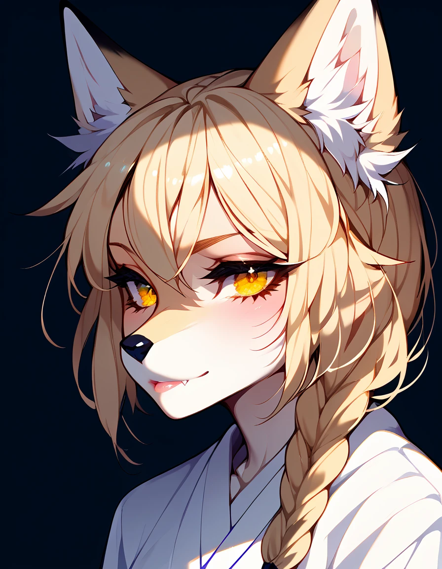 So, score_9, score_8_up, score_7_up, score_6_up, score_5_up, score_4_up, source_anime, Anthro, yellow furry fox girl, Kimiko, blonde braided hair, yellow eyes, yellow furry body, portrait, close up