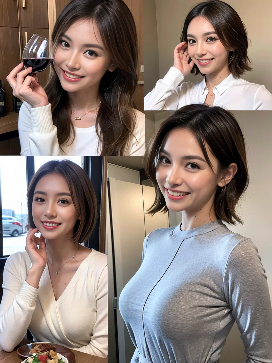 (Realistic:1.1),(masterpiece,Highest quality),8k,(44 years old), 42 years old, slimカップル、Model Couple、actress/actor、Tight waist,Upper Body,full-course dinner、wine 、Amazing view of the sunset sky and clouds、Perfect Anatomy, Brown Hair, short hair,Random Hairstyles,((Highly detailed face and eyes:1.2))(cute顔:1.4),美しいactressの顔,Perfect golden ratio face,Long sleeve shirt、dress,(smile:1.2)、Shortcuts、cute、(Realistic, Intricate details:1.2), A bright smile、short hair,Bright Face、赤wine 、Appetizers、Italian food、wine bottle、Champagne、スパークリングwine、(slimな顔), (The body is slim), (Brown Hair), (Shortcuts), Upper Body, 白wine, slim, wineグラス,
