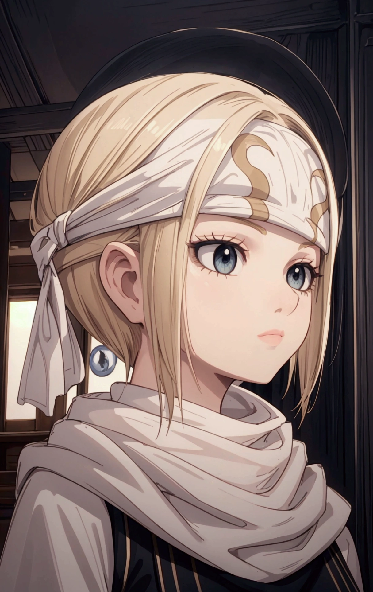masterpiece), best quality, high resolution blonde 1girl bob cut medium hair standing alone cowl headband profile image looking at viewer beautiful eyes beautiful face extremely detailed