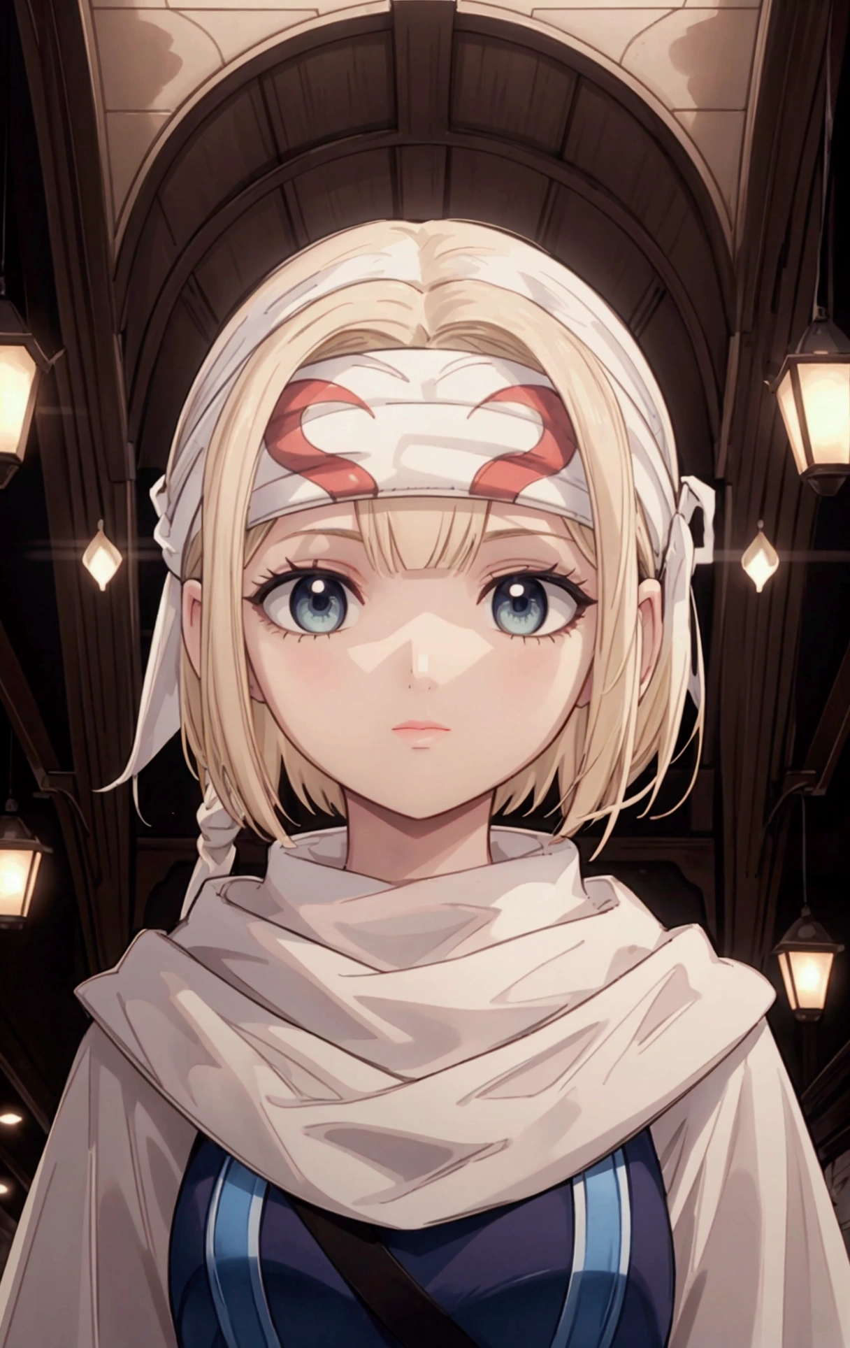 masterpiece), best quality, high resolution blonde 1girl bob cut medium hair standing alone cowl headband profile image looking at viewer beautiful eyes beautiful face extremely detailed