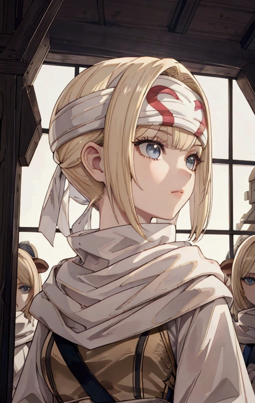 masterpiece), best quality, high resolution blonde 1girl bob cut medium hair standing alone cowl headband profile image looking at viewer beautiful eyes beautiful face extremely detailed