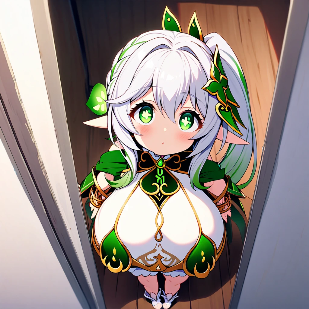 nahida,1girl,solo,super huge breasts,looking at viewer,near,standing up,Taken from the viewpoint above,upturned eyes,Shooting from the front,in room