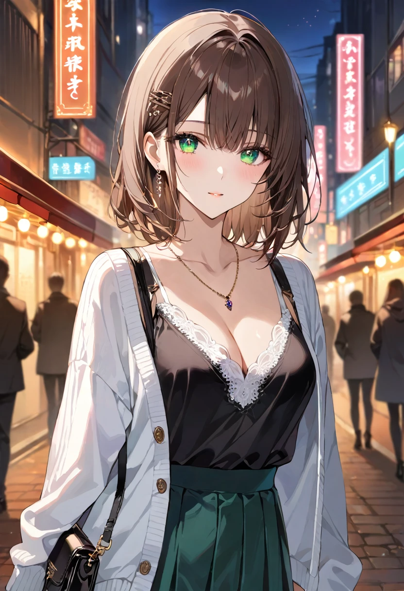 masterpiece, best quality, ultra detailed, detailed eyes, sparkling eyes, The image depicts a young woman standing in a nighttime urban setting, possibly a bustling city street illuminated by vibrant lights and signs in the background. She has long, flowing brown hair adorned with a hairpin, and striking green eyes that give her a captivating and slightly melancholic expression. Her attire is stylish and modern, consisting of a white cardigan partially open to reveal a dark top underneath, which highlights delicate lace detailing. She also wears a pleated skirt that complements her overall fashionable appearance. The woman is accessorized with a small pendant necklace and a black handbag slung over her shoulder. The background is blurred but suggestive of an active nightlife scene, with neon signs and the glow of streetlights creating a warm, inviting atmosphere. The composition and lighting of the image contribute to a soft, almost ethereal quality, enhancing the character's beauty and the setting's charm.