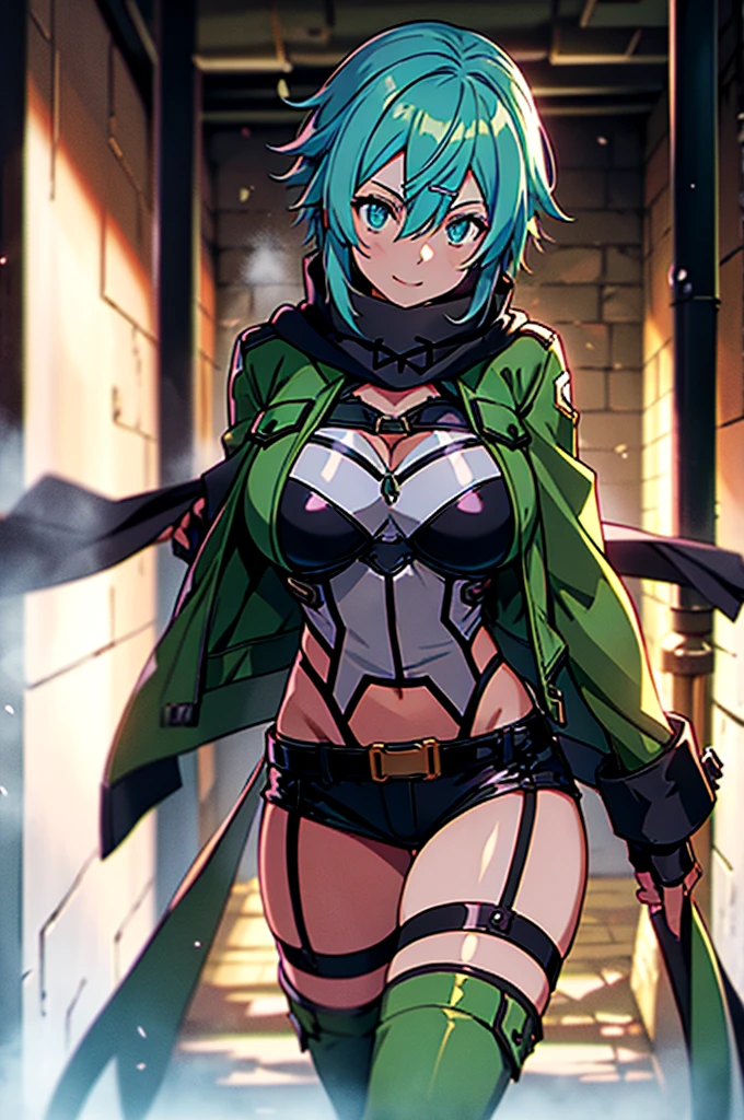 at a dungeon, dark dungeon, prison cell, sinon1, scarf, fingerless gloves, long sleeves, short shorts, hair ornament, hairclip, green thighhighs, green jacket, thigh strap, teasing face, undressing, hot, sweat, looking at viewer, light smile,huge breast,facing pov,slim waist,huge hips