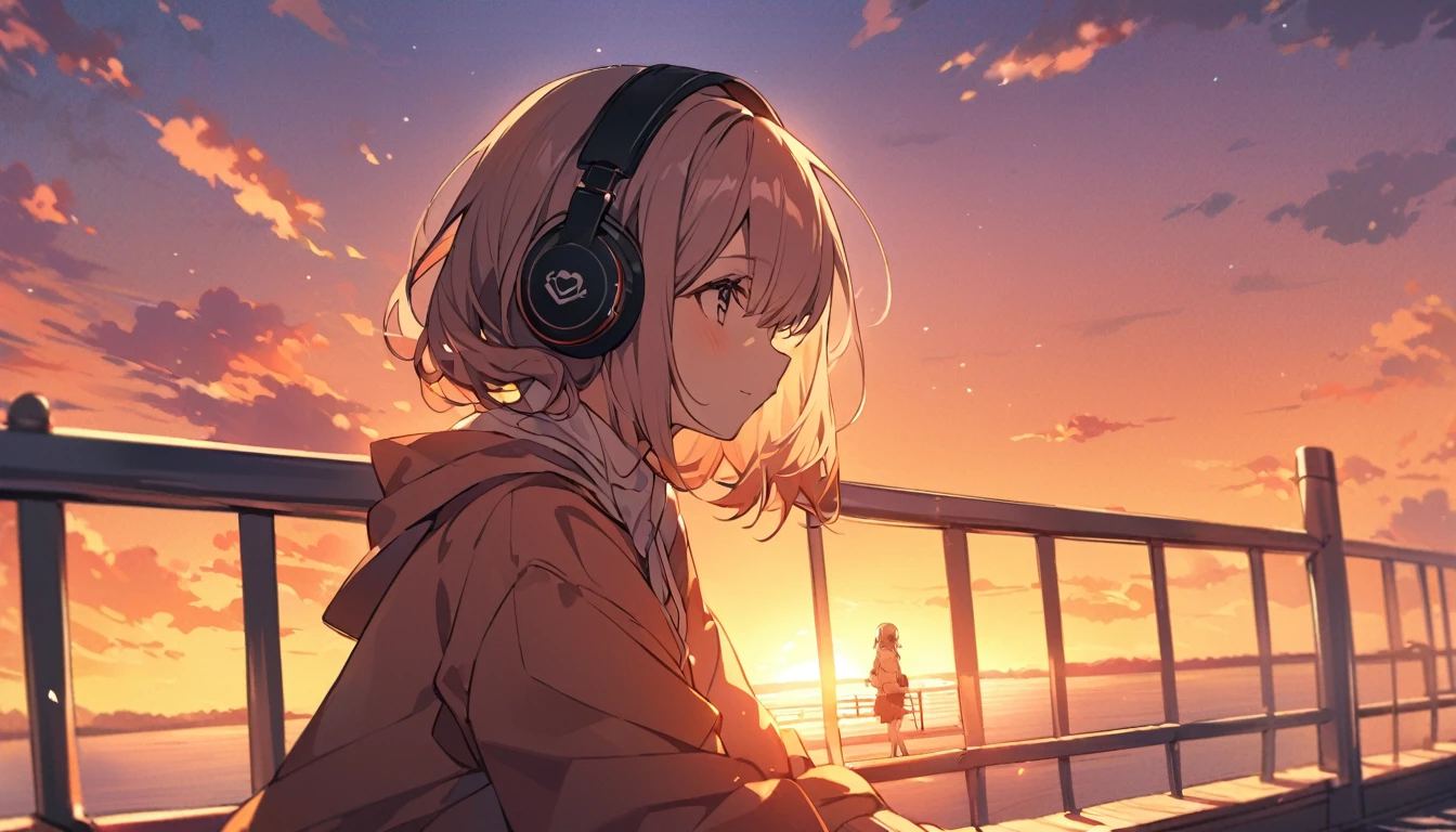 On the bridge dyed in the sunset、A girl leaning against a railing and looking into the distance while wearing headphones。