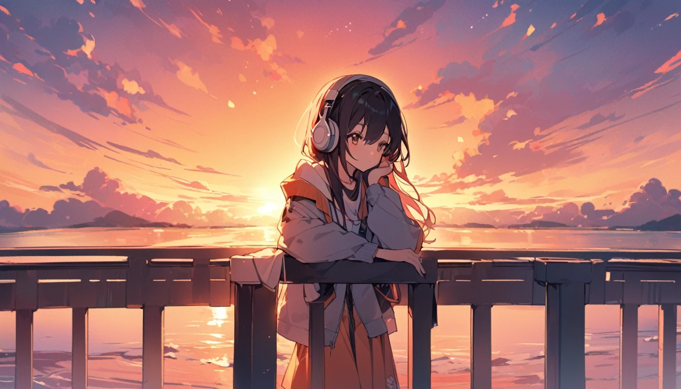 On the bridge dyed in the sunset、A girl leaning against a railing and looking into the distance while wearing headphones。