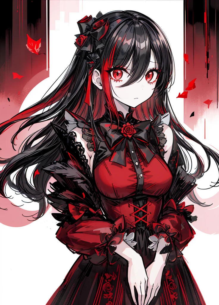 1girl, black hair, (red eye) ,red rose, Red bow, black noble dress ,pale skin,
(high resolution, high detail, best quality), mysterious, elegant, shy