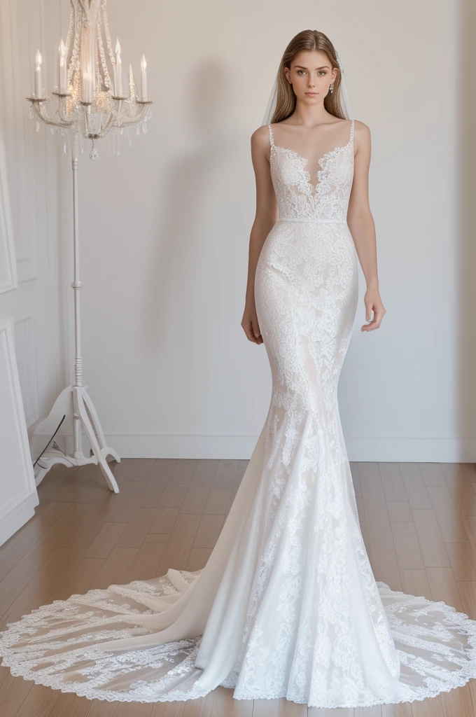 Best quality, 8k, 32k, Masterpiece, Masterpiece, (Photorealistic: 1.4), RAW photo, ultra realistic, 1girl, Fashion model, Wearing a long mermaid wedding dress, lace fabric, full length view, pose Stand upright in white room with a minimalist design, featuring white walls and a clean, modern aesthetic.