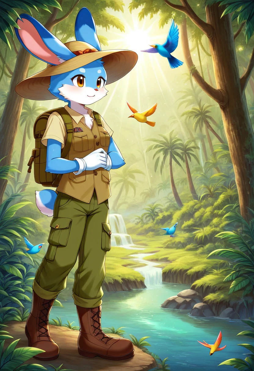 ((Masterpiece)), ((Best Quality)), (Very Detailed), ((Very Detailed)), 4K, (8K), very aesthetic, absurdres highres, 1 girl, (anthropomorphic cat, furry, kemono:1.5), Adventurer, a jungle illuminated by the sunrise. A quiet and peaceful atmosphere, with giant rainforest trees and colorful birds flying between the vine-covered trees. jungle, tropical rainforest, lush trees, untouched, adventurer, detailed attire, khaki long-sleeve shirt, multi-pocket vest, cargo pants, trekking boots, gaiters, wide-brim hat, khaki backpack, gloves, morning light, colorful birds, sunlight reflection, peaceful, mysterious, exploration,