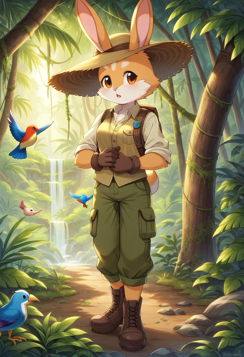 ((Masterpiece)), ((Best Quality)), (Very Detailed), ((Very Detailed)), 4K, (8K), very aesthetic, absurdres highres, 1 girl, (anthropomorphic Rabbit, furry, kemono:1.5), Adventurer, a jungle illuminated by the sunrise. A quiet and peaceful atmosphere, with giant rainforest trees and colorful birds flying between the vine-covered trees. jungle, tropical rainforest, lush trees, untouched, adventurer, detailed attire, khaki long-sleeve shirt, multi-pocket vest, cargo pants, trekking boots, gaiters, wide-brim hat, khaki backpack, gloves, morning light, colorful birds, sunlight reflection, peaceful, mysterious, exploration,